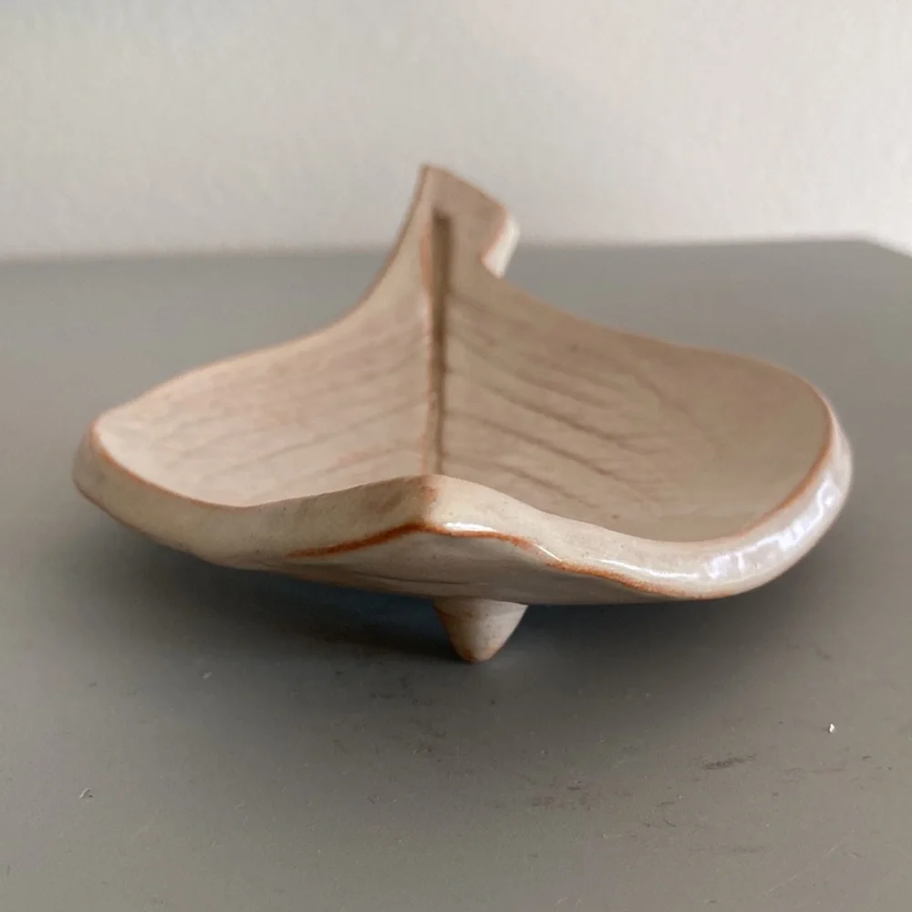 Leaf Imprint Art Dish Studio Pottery Curved Plate with Feet Signed Soap Dish